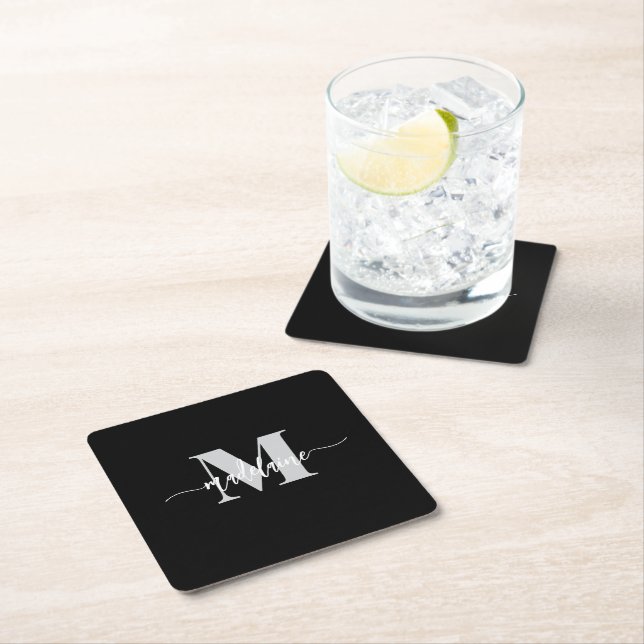 Monogram Silver Black White Personal Square Paper Coaster (Insitu)