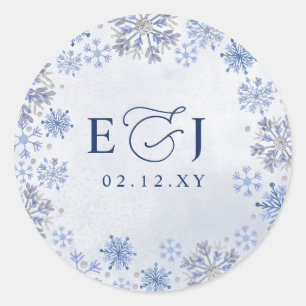 Monogram Silver Blue Snowflakes Winter Wedding Classic Round Sticker
