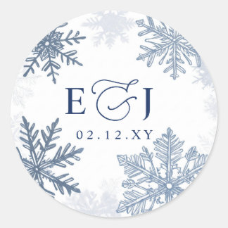 Monogram Silver Blue Snowflakes Winter Wedding Classic Round Sticker