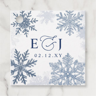 Monogram Silver Blue Snowflakes Winter Wedding Favour Tags