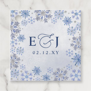 Monogram Silver Blue Snowflakes Winter Wedding Favour Tags
