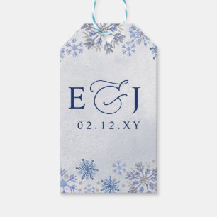 Monogram Silver Blue Snowflakes Winter Wedding Gift Tags
