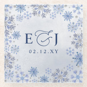 Monogram Silver Blue Snowflakes Winter Wedding Glass Coaster