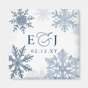 Monogram Silver Blue Snowflakes Winter Wedding Magnet