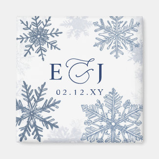 Monogram Silver Blue Snowflakes Winter Wedding Magnet
