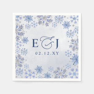 Monogram Silver Blue Snowflakes Winter Wedding Napkin
