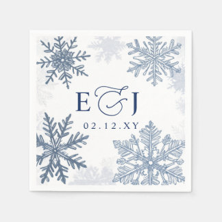 Monogram Silver Blue Snowflakes Winter Wedding Napkin