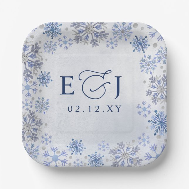 Monogram Silver Blue Snowflakes Winter Wedding Paper Plate (Front)