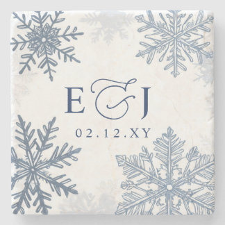 Monogram Silver Blue Snowflakes Winter Wedding Stone Coaster