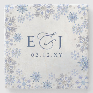 Monogram Silver Blue Snowflakes Winter Wedding Stone Coaster