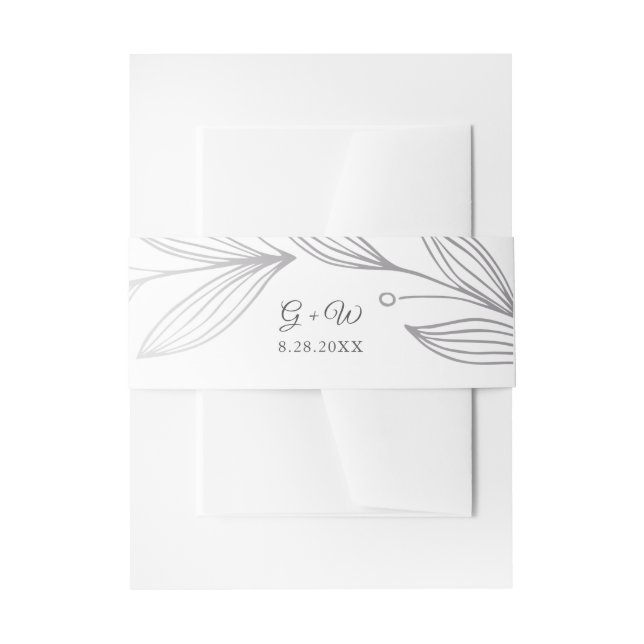 Monogram Silver Botanical Leaves Elegant Wedding Invitation Belly Band (Front Example)