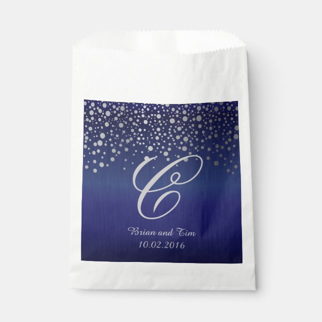 Monogram Silver Confetti Dots | Sapphire Blue Favour Bags (Front)
