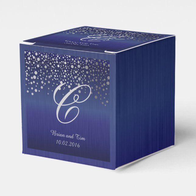 Monogram Silver Confetti Dots | Sapphire Blue Favour Box (Front Side)