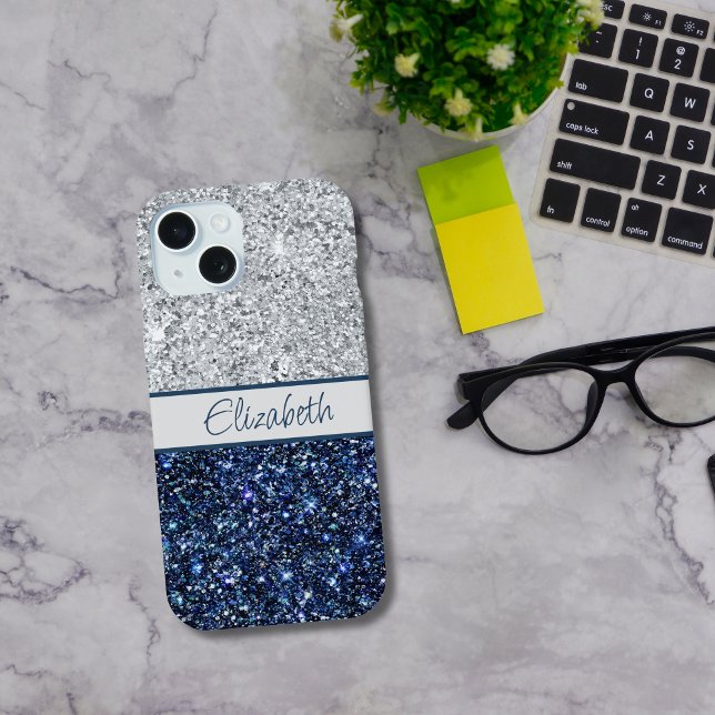 Monogram Silver Dark Blue Glitter Trendy Chic  iPhone 15 Case (Blue Silver Glitter Monogrammed iPhone or Samsung Case)