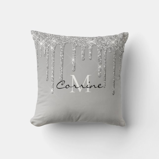 Monogram Silver Dripping Glitter Metallic Platinum Cushion (Front)