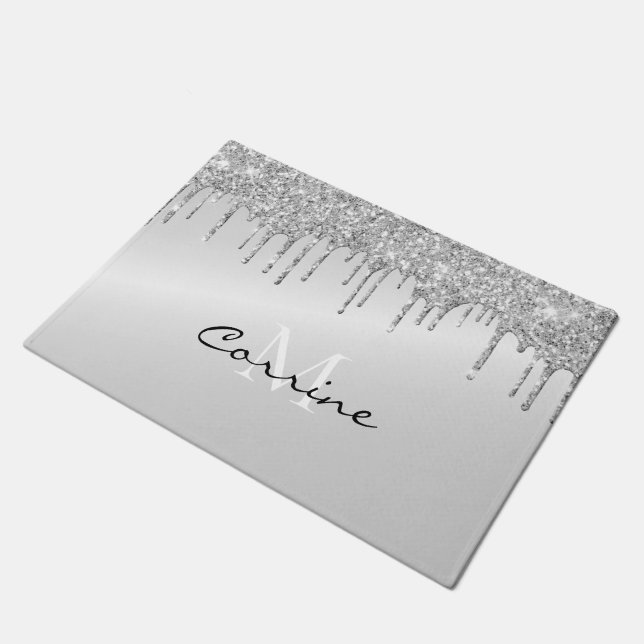 Monogram Silver Dripping Glitter Metallic Platinum Doormat (Angled)