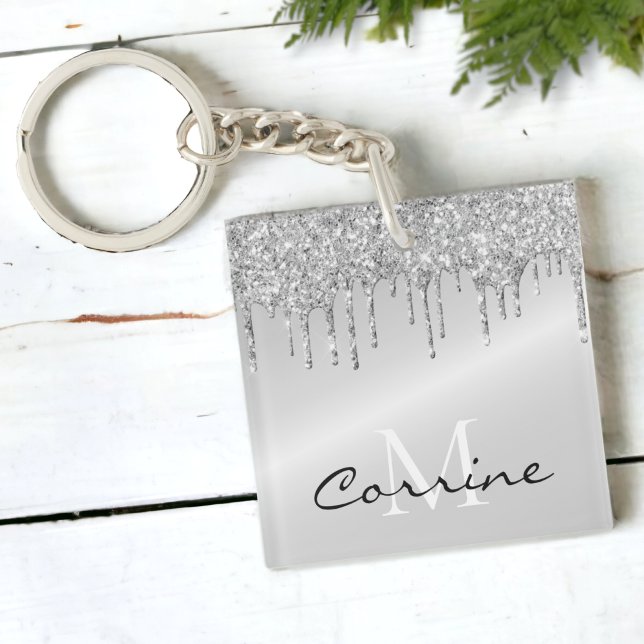 Monogram Silver Dripping Glitter Metallic Platinum Key Ring (Creator Uploaded)