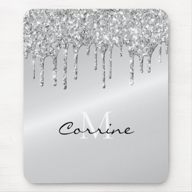 Monogram Silver Dripping Glitter Metallic Platinum Mouse Mat (Front)