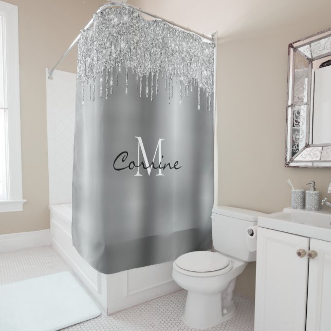 Monogram Silver Dripping Glitter Metallic Platinum Shower Curtain (In Situ)
