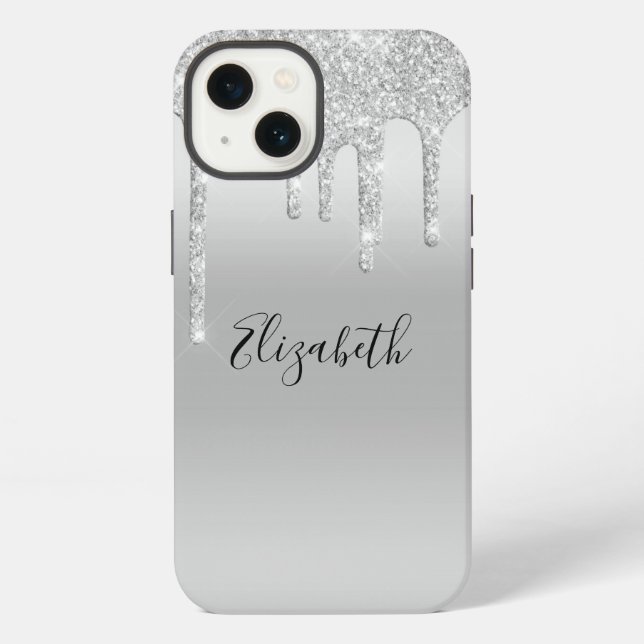 Monogram Silver Dripping Glitter Trendy iPhone Case (Back)