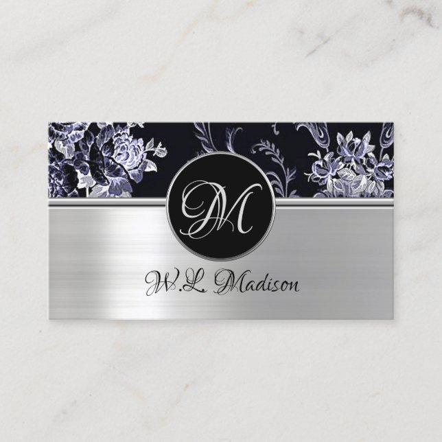 Monogram Silver Floral Business Card 2 (Front)