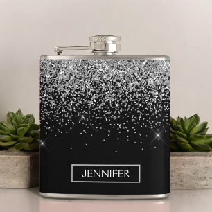 Monogram Silver Glam Glitter Sparkle Name Hip Flask