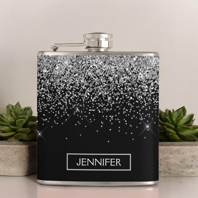 Monogram Silver Glam Glitter Sparkle Name Hip Flask (Creator Uploaded)