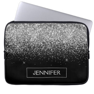 Monogram Silver Glam Glitter Sparkle Name Laptop Sleeve