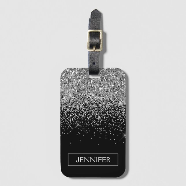 Monogram Silver Glam Glitter Sparkle Name Luggage Tag (Front Vertical)