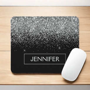 Monogram Silver Glam Glitter Sparkle Name Mouse Mat