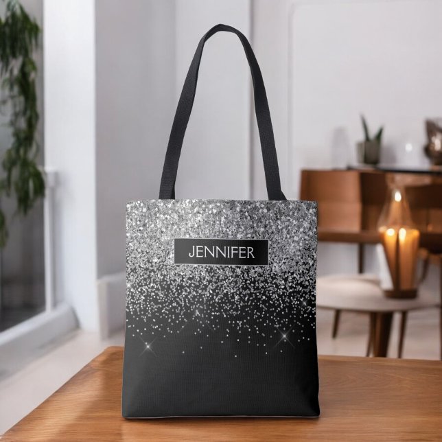 Monogram Silver Glam Glitter Sparkle Name Tote Bag (Creator Uploaded)