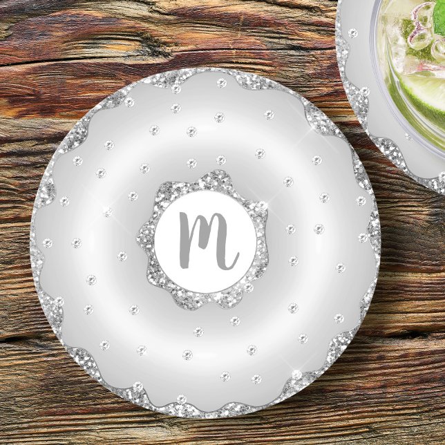 Monogram silver glitter doughnut chic script girly round paper coaster (Creator Uploaded)