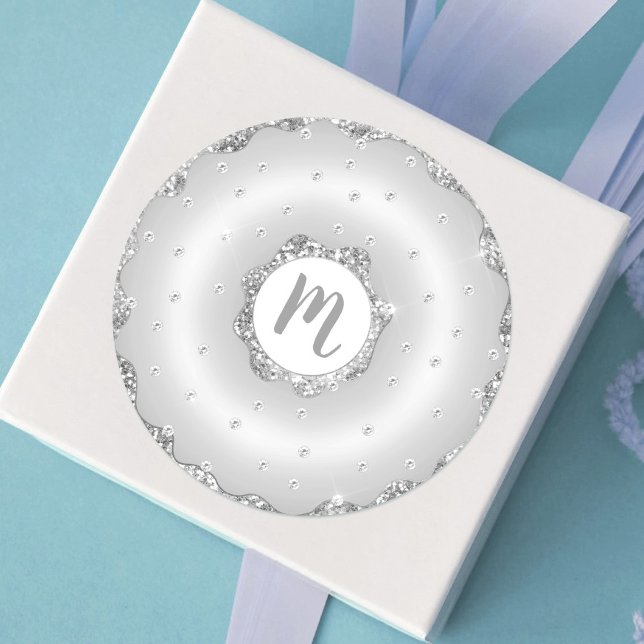 Monogram silver glitter doughnut glam jewels bold classic round sticker (Creator Uploaded)