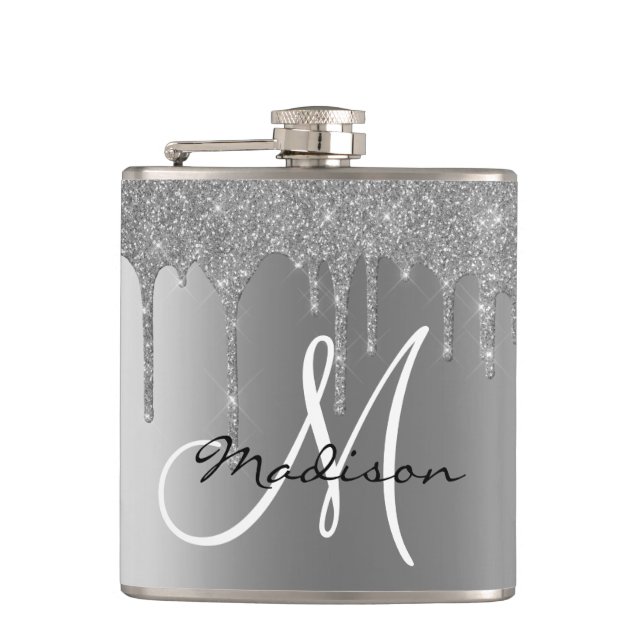 Monogram Silver Glitter Drips Girly Hip Flask (Front)