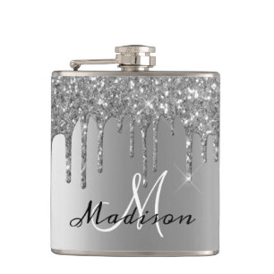 Monogram Silver Glitter Drips Girly Sparkle Hip Flask