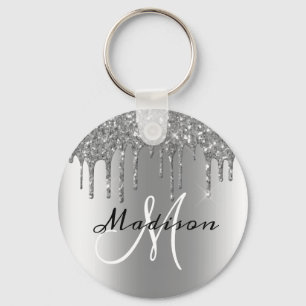 Monogram Silver Glitter Drips Sparkle Key Ring