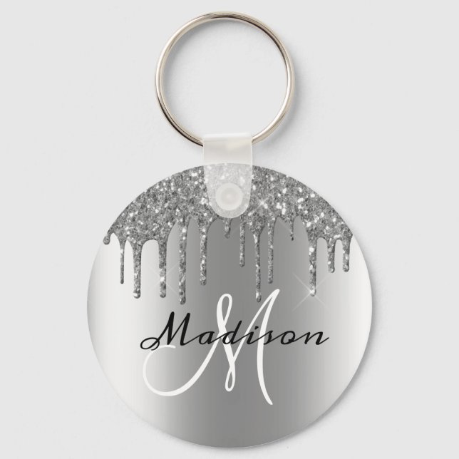 Monogram Silver Glitter Drips Sparkle Key Ring (Front)