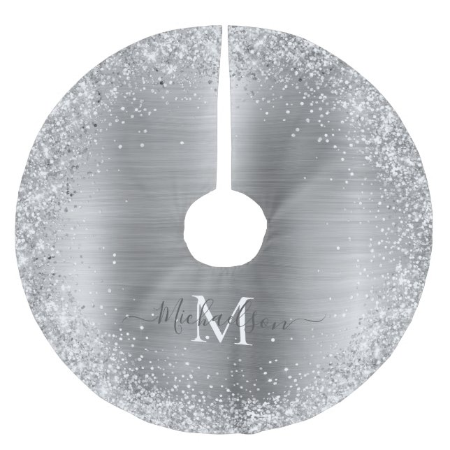 Monogram Silver Glitter Girly Glam Brushed Polyester Tree Skirt (Front)