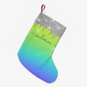 Monogram Silver Glitter Holiday Script Name Ombre Small Christmas Stocking