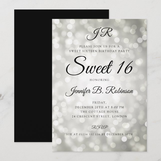 Monogram Silver Glitter Lights Sweet 16 Birthday Invitation (Front/Back)