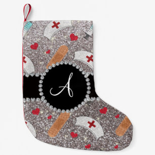 Monogram silver glitter nurse hats heart small christmas stocking