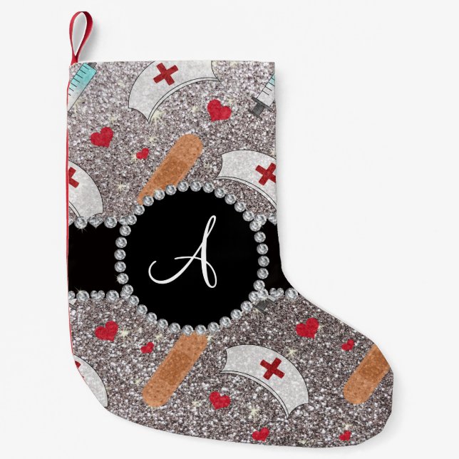 Monogram silver glitter nurse hats heart small christmas stocking (Front)