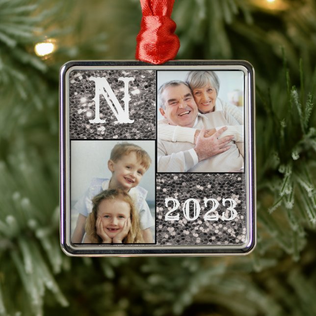Monogram Silver Glitter Photo Christmas Holiday  Metal Tree Decoration (Tree)