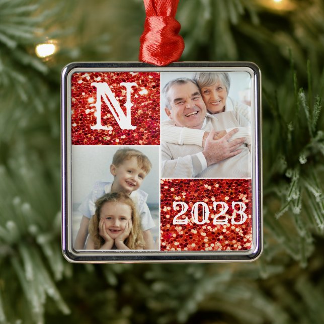 Monogram Silver Glitter Photo Christmas Holiday  Metal Tree Decoration (Tree)