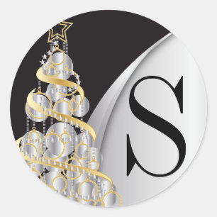 Monogram Silver, Gold and Black Merry Christmas Classic Round Sticker
