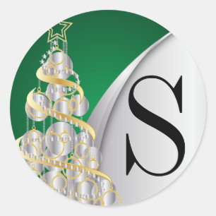 Monogram Silver, Gold and Green Merry Christmas Classic Round Sticker