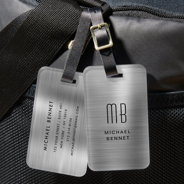 Monogram Silver Gray Brushed Faux Metallic Print Luggage Tag (Monogram Silver Gray Brushed Metallic Luggage Tag)