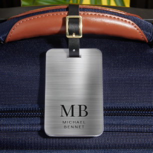 Monogram Silver Gray Brushed Faux Metallic Print Luggage Tag