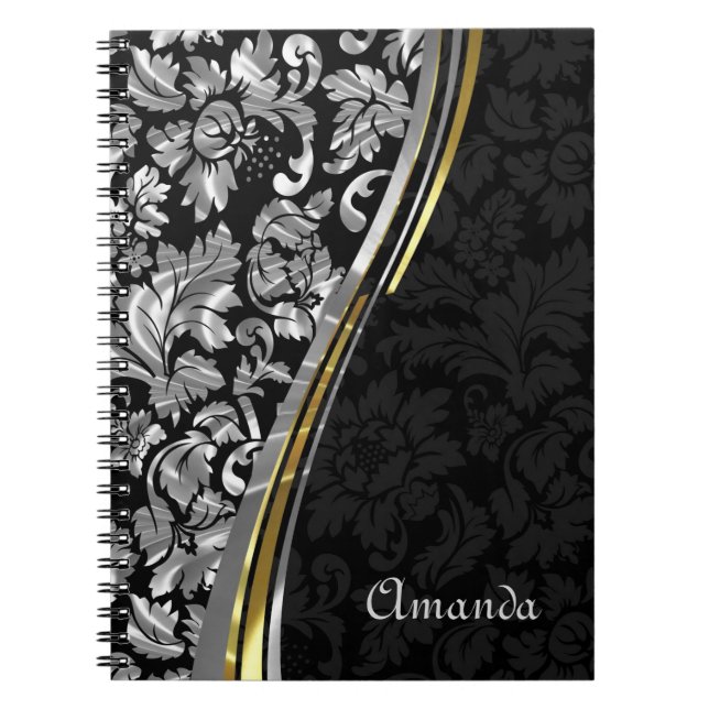 Monogram Silver Grey And Black Damask Notebook (Front)