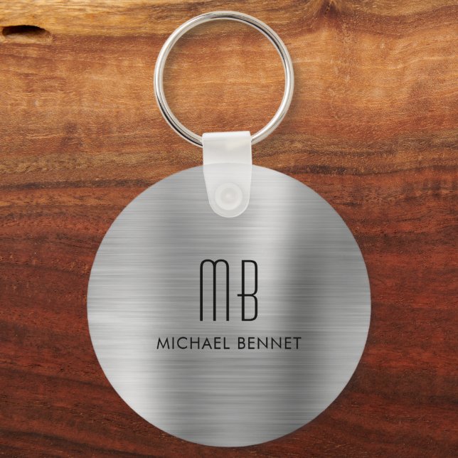 Monogram Silver Grey Faux Brushed Metal Key Ring (Front)
